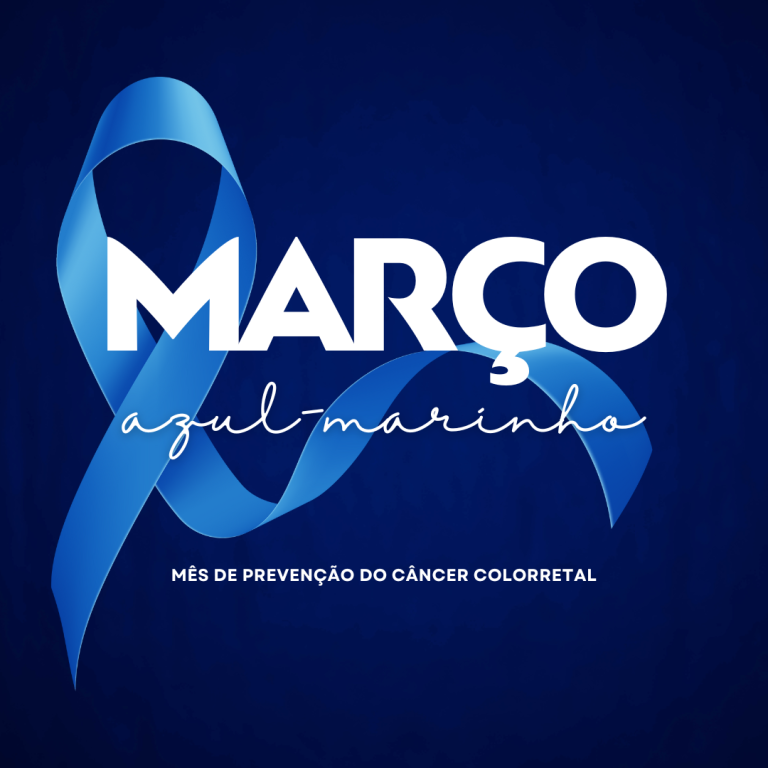 HCN | IMED | campanha Março Azul-Marinho: laço azul com o texto ‘Mês de prevenção do câncer colorretal’