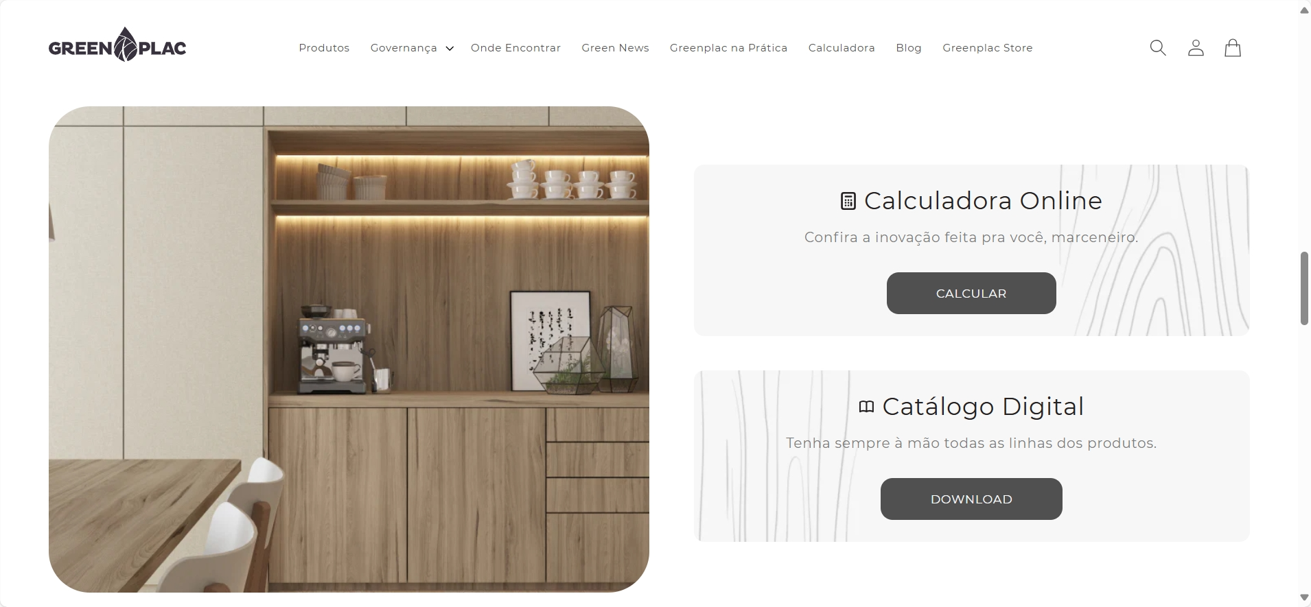 Interface do novo site da Greenplac, fabricante de MDFs, destacando o design contemporâneo e a navegação intuitiva, com produtos exclusivos em exibição.