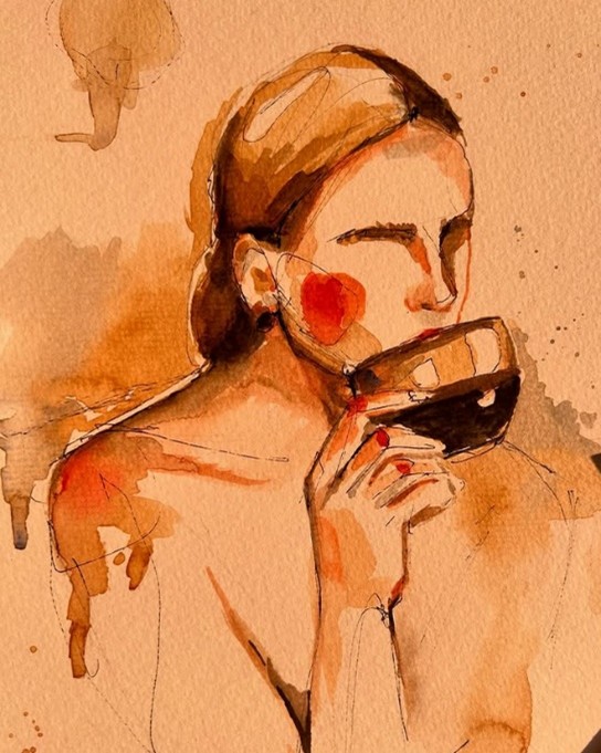 Artista Larissa Salgado realiza pintura com café, representando a conexão entre arte e design no lar. A arte também está na nova coleção CASAS de MDFs da Greenplac, marca pertence a holding Colpar Brasil.